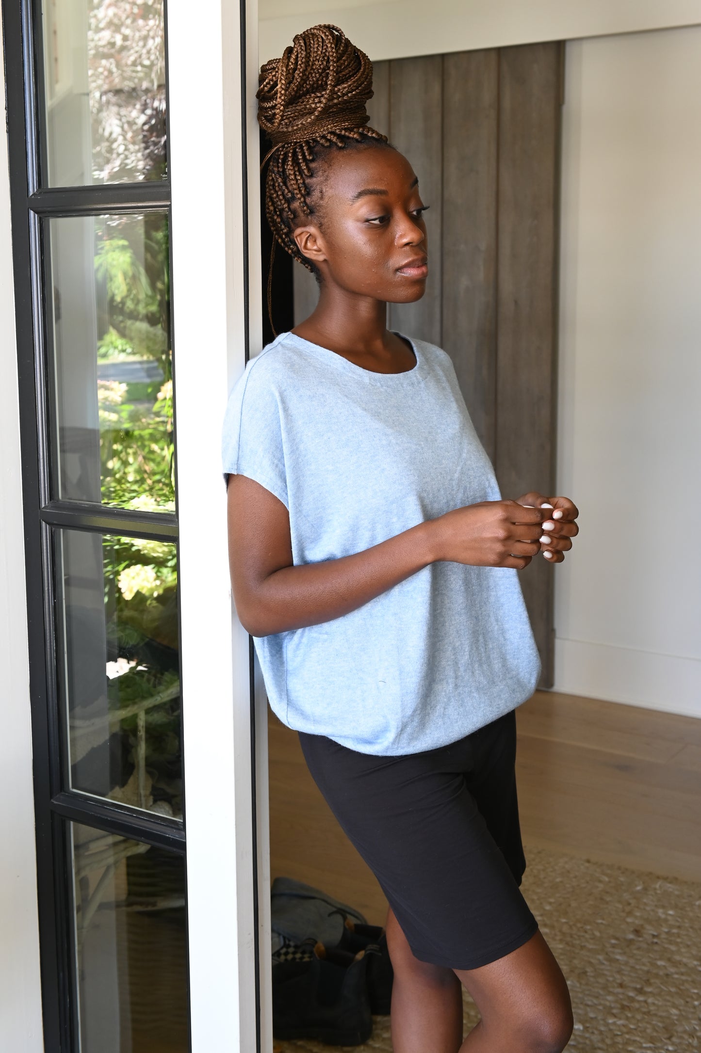 Loungewear shorts and blue drop sleeve top made in Canada