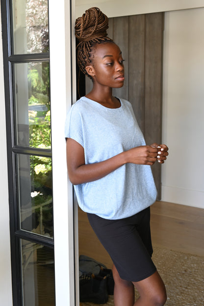 Loungewear shorts and blue drop sleeve top made in Canada 